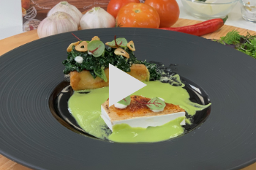 Buttered TiNDLE with Caramelised YETI Camembert, Green Kale and Green Peas Sauce 