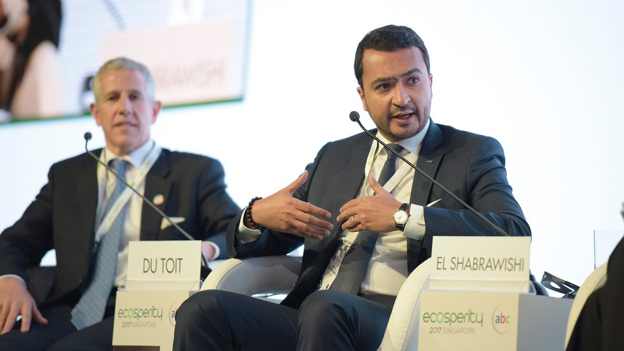 AXA’s chief innovation officer Hassan El-Shabrawishi (right) debates sustainable finance in emerging markets with Henrik du Toit, chief executive, Investec Asset Management. Image: Temasek